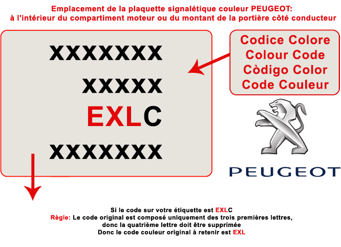 Trouver l'étiquette ou est indiqué le code de couleur de la teinte de votre voiture Peugeot
