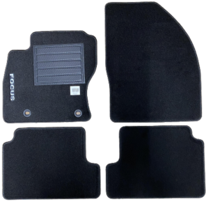 Kit 4 Tapis de sol Auto pour FORD FOCUS II phase 2, 2008-2011, avec sigle FOCUS, moquette noire, avec CLIPS, Neuf