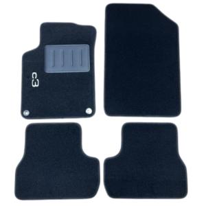 Kit 4 Tapis de sol Auto pour CITROEN C3 de 2009 à 2016, sigle C3, avec CLIPS, moquette noire, Neuf