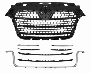 Grille radiateur pour RENAULT MASTER III phase 3, depuis 2019, noire gaufré, avec 3 moulures chromées et 4 moulures noires, Neuve